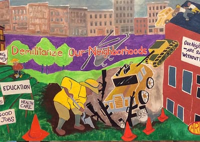 A cityscape with a person burying guns, tanks, etc - Demilitarize our Neighborhoods