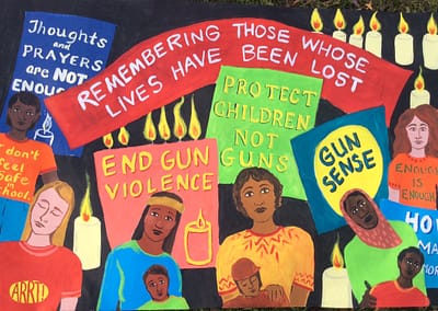 a banner declares remembering those whose lives have been lost, amid candles and mourners