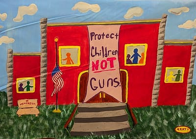 a red school house with a banner that reads, portect children not guns