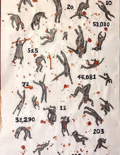 Images of bodies, blood spatters and numbers of dead cover a white poster.