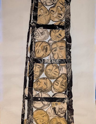 The heads of humans from around the globe fill a structure with hands at the top.
