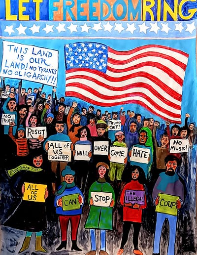 an American flag flies over a crowd of people holding signs protesting oligarchy and hate.