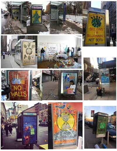 composite of images showing posters being created and displayed on city streets.
