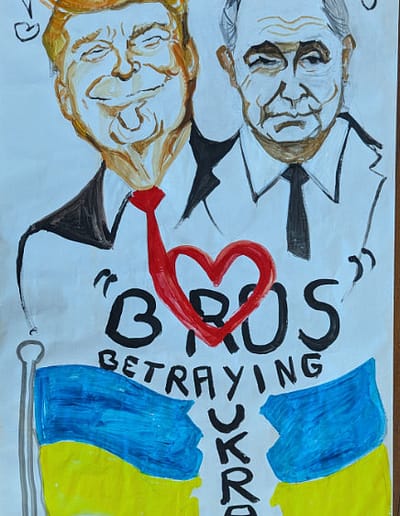 Faces of Putin and Trump with a torn Ukrainian Flag and words "BROS betraying Ukraine together