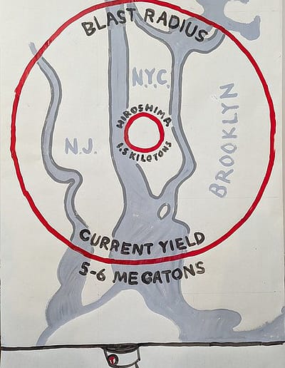A map of the blast radius of a nuclear bomb wit the words, STOP NUKES above a picture of a finger on a red button with the words, "Potus Decides"