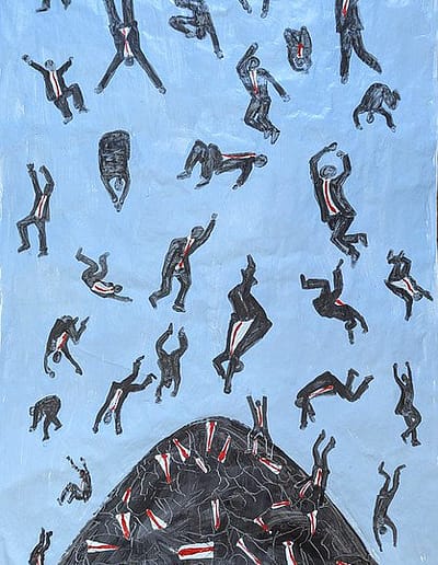 figures of people wearing suits and red ties falling into a big pile.
